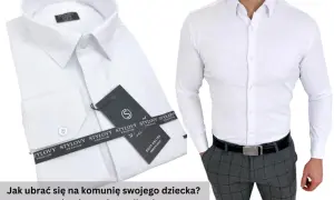 Biała koszula męska z metkami i fragmentem stylizacji z szarymi spodniami w kratę.